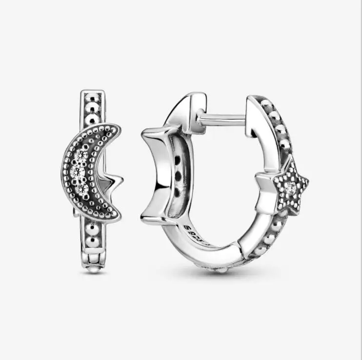 

925 Sterling Silver Pan Earrings Glittering Crescent and Star Bead Hoop Earrings Women's Jewelry Giftng