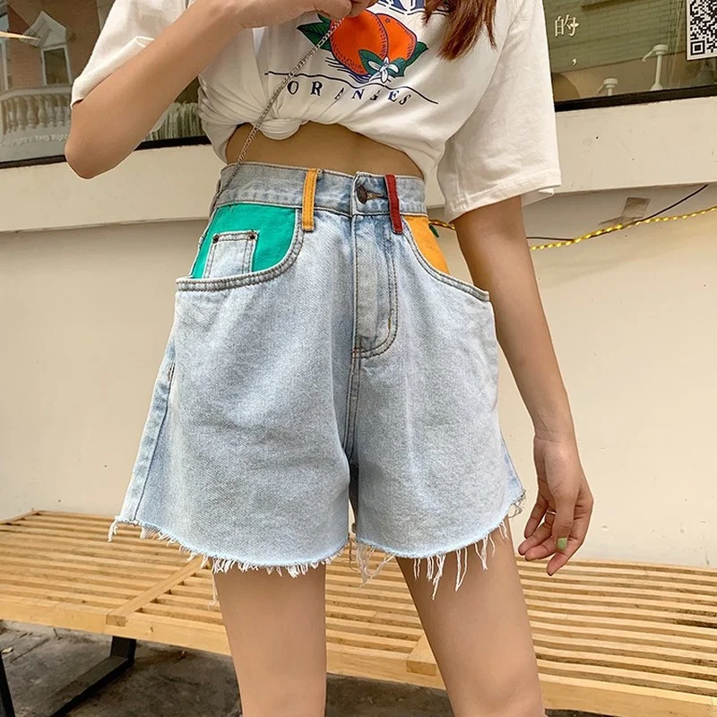 2021 Summer Ladies Color Patchwork Pocket Women Shorts Female College Style High Waist Denim Short Jean Lady Casual Fashion Wear