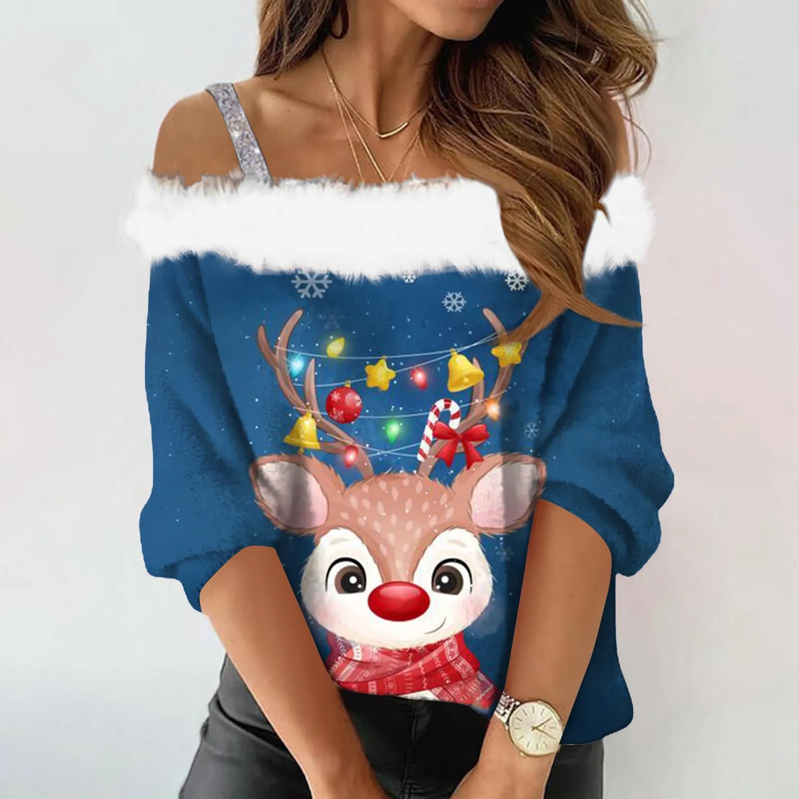 

Christmas Fluffy Hoodies Womens Ugly Off The Shoulder Sexy Sweatshirts Long Sleeved New Year O Neck Blouses Female Pullovers