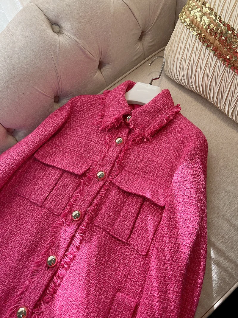 Женское винтажное пальто Lingzhiwusis розово-красное твидовое свободное повседневное