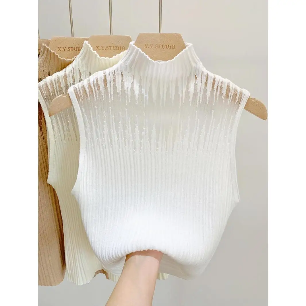 

Hollowed-out small halter vest women with a bottom shirt 2023 autumn and winter new half turtleneck sweater sleeveless short top