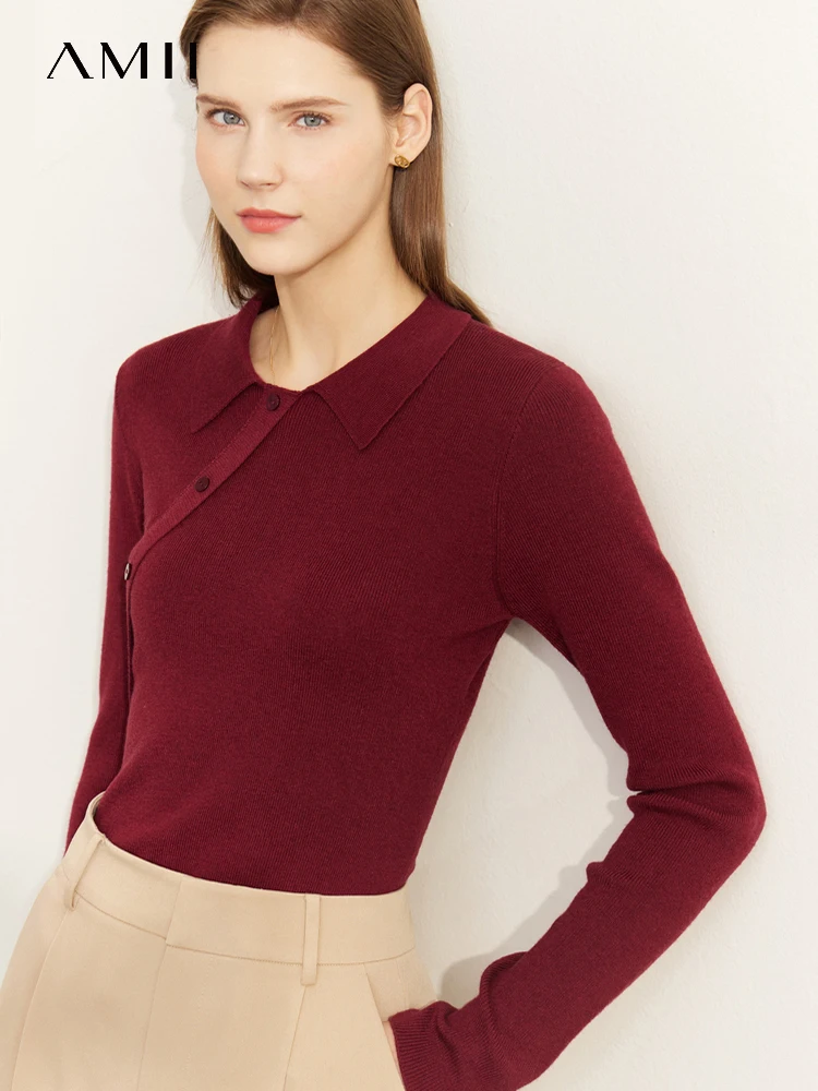 

Женский трикотажный свитер-поло AMII в минималистском стиле, Элегантная универсальная облегающая одежда с мягким дизайном и воротником-поло,...