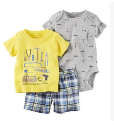 Комплекты одежды для новорожденных мальчиков и девочек, 3 шт., брендовая футболка с коротким рукавом, боди, шорты, костюм для малышей