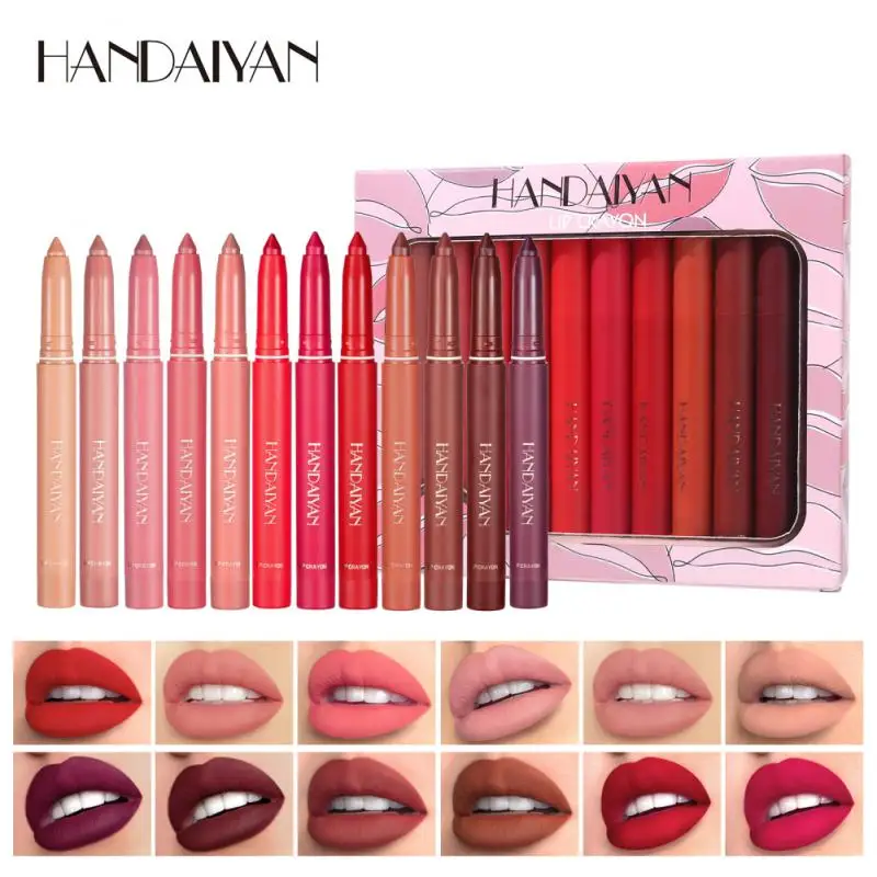 Handaiyan 12 Colors Matte Waterproof Velvet Nude Lipstick Pencil Sexy Red Brown Pigments Makeup Long Lasting Profissional