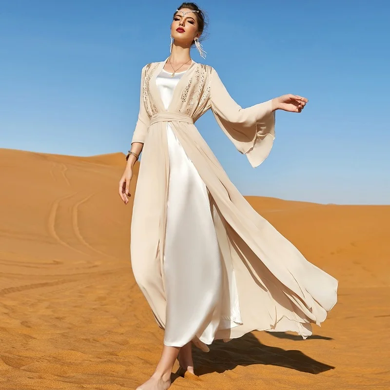 2 Pieces Abaya Dress Sets Modest Muslim Chiffon Sequin Embroidery Kimono Robe + Inner Vest Marocain Caftan Dubai 2022