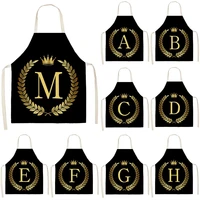 luxury black golden crown apron letter alphabet print kitchen for woman man cotton linen aprons for cooking home cleaning tools