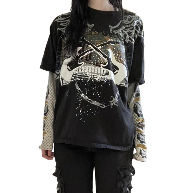 

y2k Top Grunge Aesthetic Graphic Print Patchwork Long Sleeve T Shirts Punk Clothes Women Gothic Style Tee Streetwear