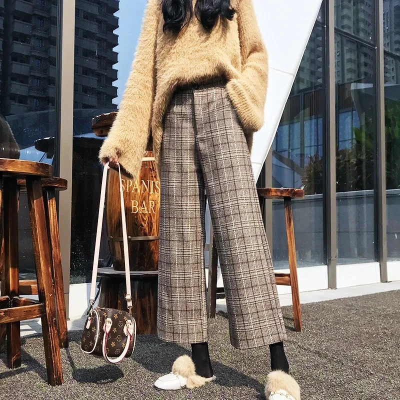 

MEXZT Vintage Harajuku Woolen Plaid Wide Leg Pants Women Streetwear Autumn Winter High Waist Straight Trousers Korean Y2k Pants