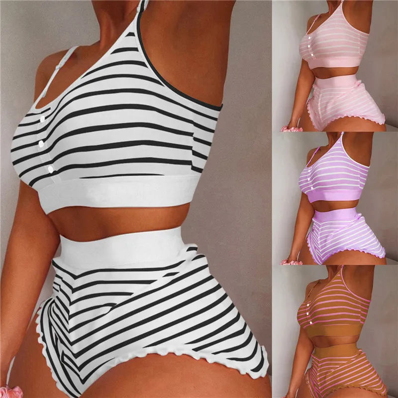 

Women's 2 Pieces Kawaii Stripe Print Frill Hem Cami Pajama Set 2022 Femme Cute Crop Top&Shorts Suits Lady Sleepwear Y2k