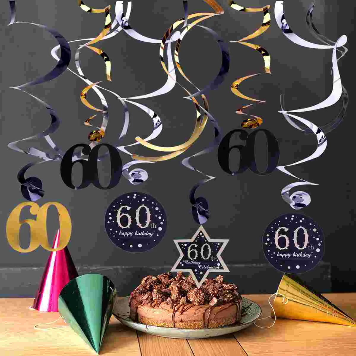 

Birthday 60Th Hanging Swirls Decorations Party Spiral Spirals Happy Swirl Decoration Dangling Sign Girls Decor Gold Set Whirls