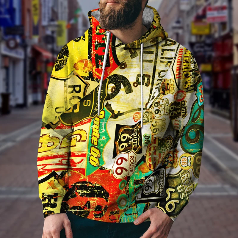 

Motorcycle Road Print Retro Men's Motorcycle Casual Fashion Hoodie Sports Street Sweater Universal Pullover Jacket Hip Hop Top