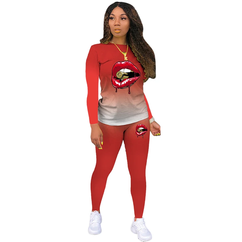 2023 Модные женские спортивные костюмы с принтом помады для бега женская одежда