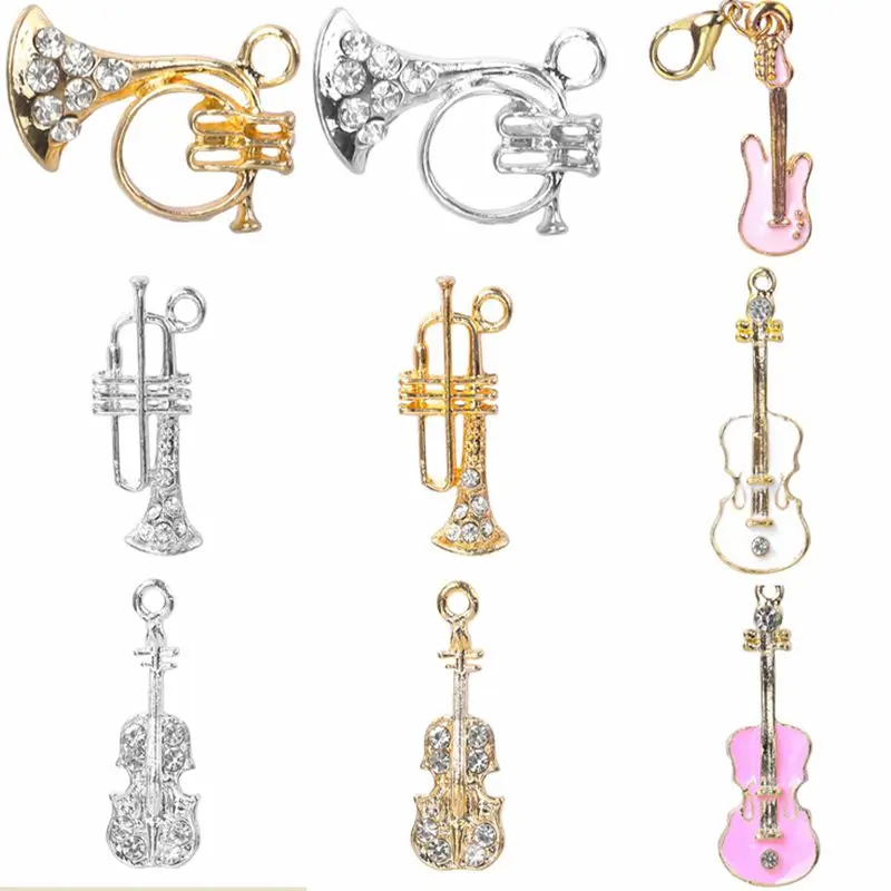 

10Pcs/Lot Music Style Violin/Tuba With Rhinestone Pendant Accessories Enamel Alloy Charms Guitar Handcraft Jewelry Making Bulk