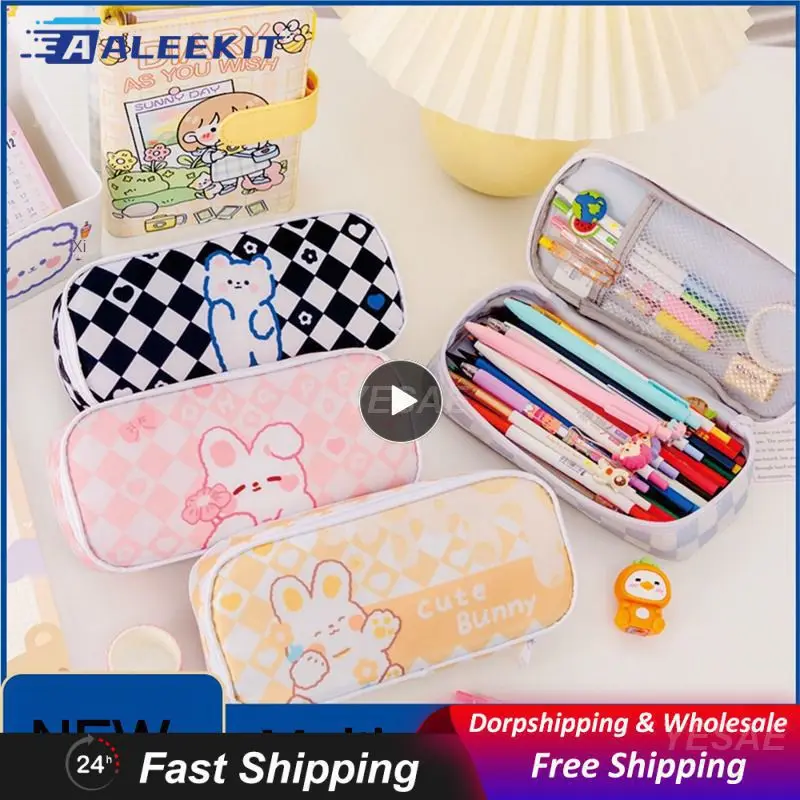 

Checkerboard Pen Case Wear-resistant Portable Design Polyester Pen Bag Cute Stationery Bag Super Capacity Cartoon Pattern