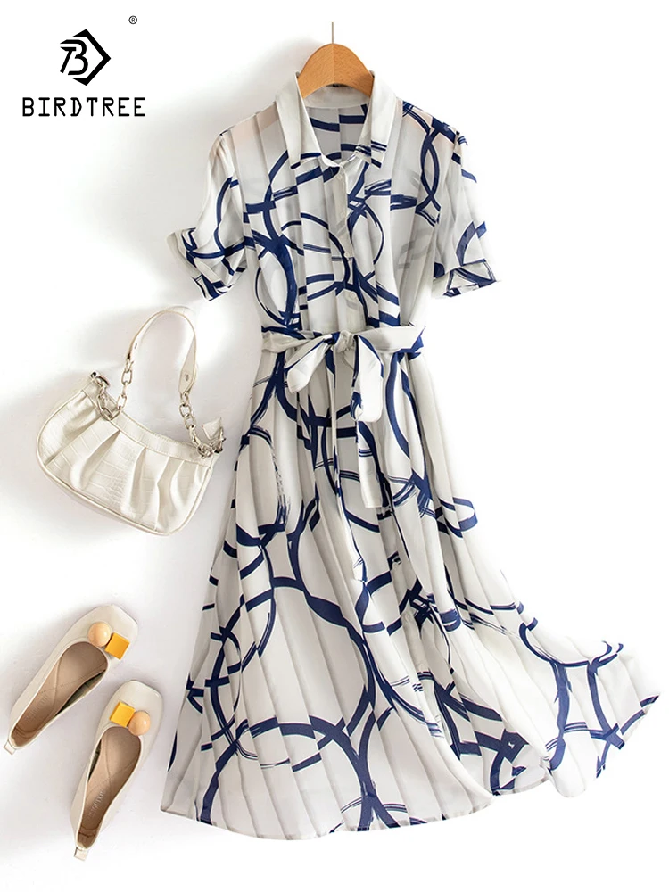 

Женское платье из 100% шелка с отложным воротником и рукавом до локтя с поясом, облегающее платье миди D35694C