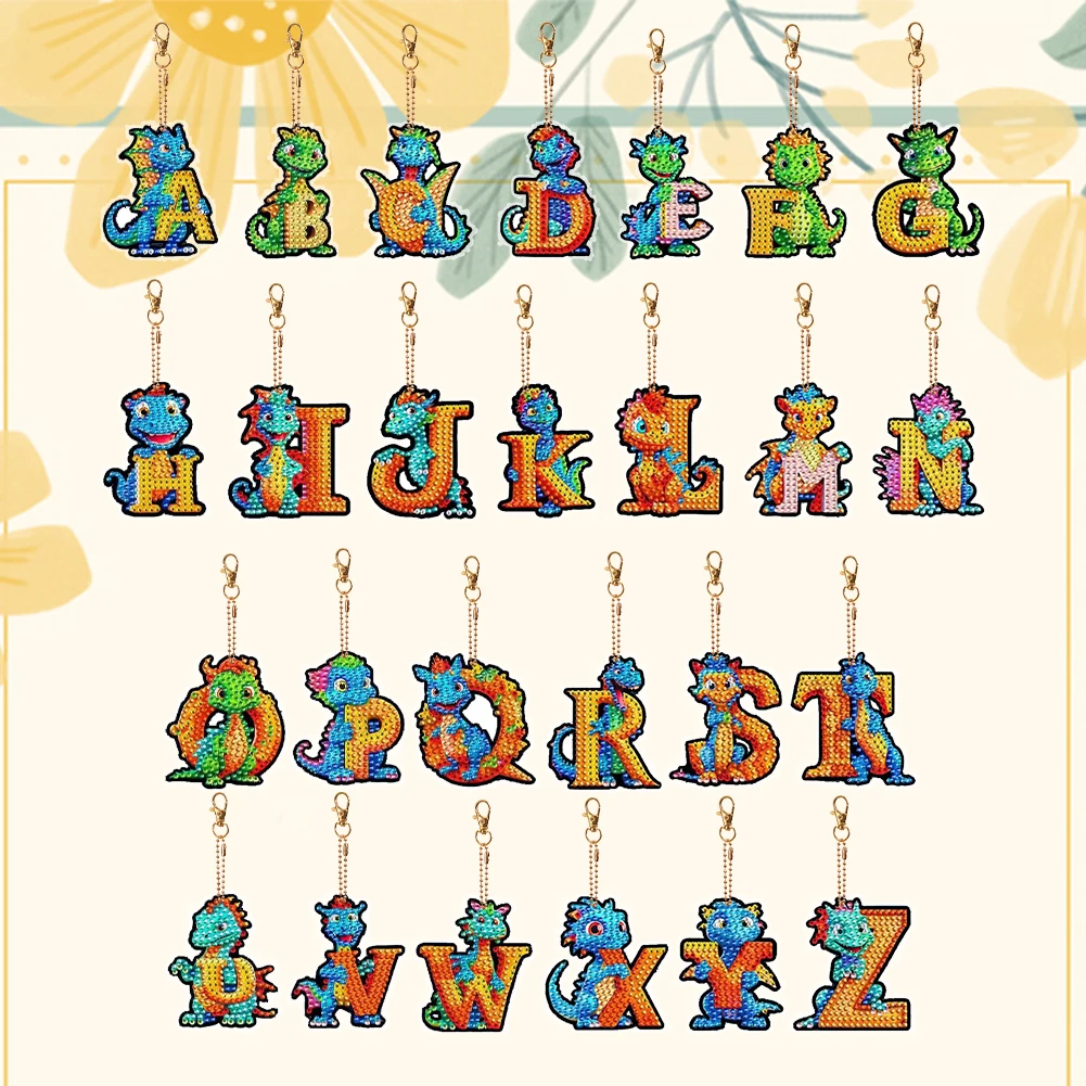 

26PCS Rhinestone Painting Keychain Pendant Dinosaur Special Shape 26Letters for Beginners Birthday Crafting Home Party Decor