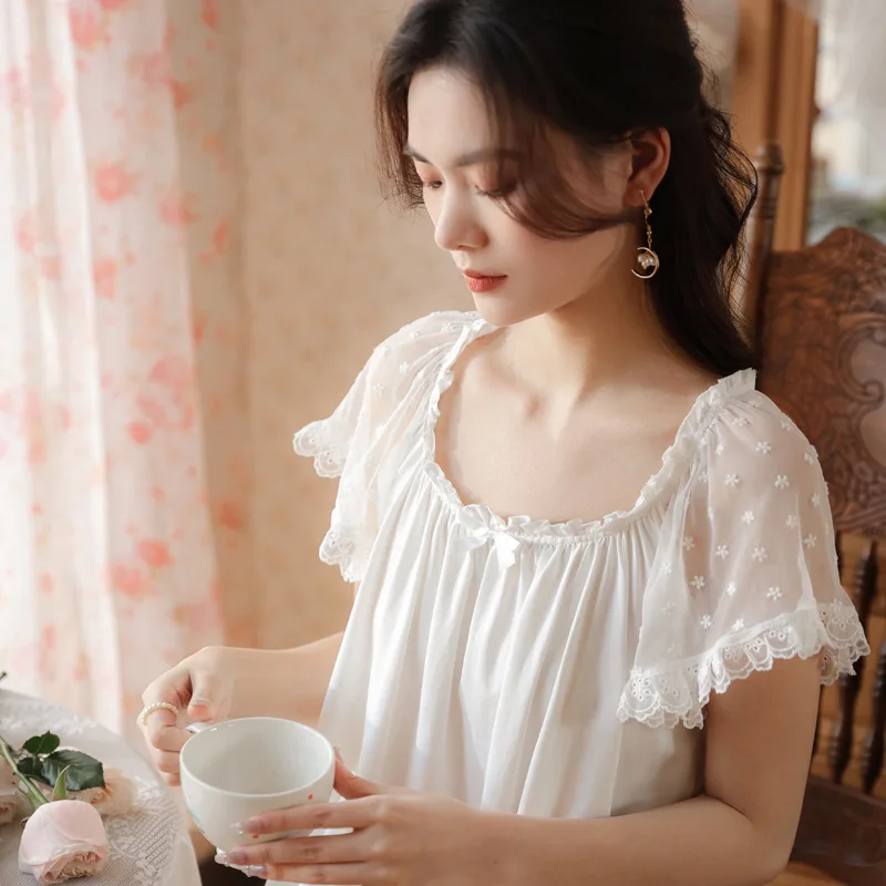 Sweet Cotton Night Dress Women Summer White Sexy Nighty Lace Short Sleeve Mini Nightdress Vintage Nightgowns Princess Sleepwear