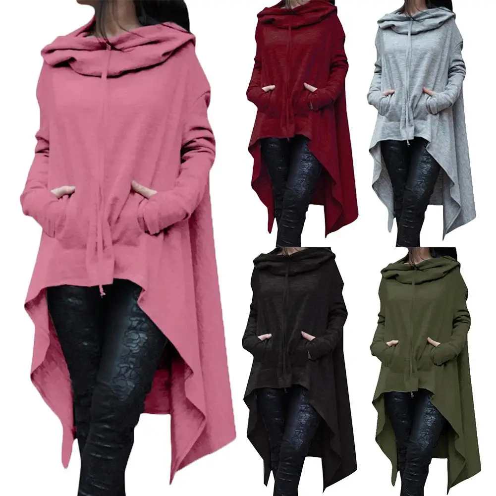 2023 New Women Hoodies Solid Color Asymmetric Hem Drawstring Hooded Sweatshirt Loose Poncho Coat Female Pullover