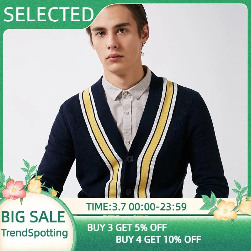 

SELECTED Men's 100% Cotton Striped Sweater Contrast Stitching Cardigan Knit Clothes S | 419124527