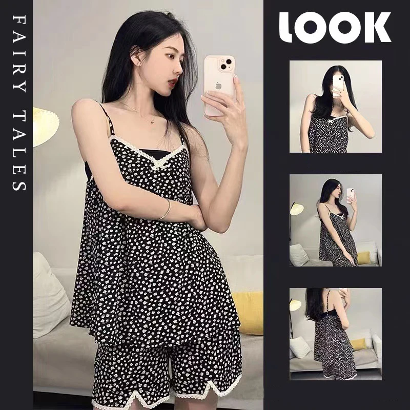 Pajamas Women Summer Suspender Pants INS Vintage Fragmentary FrenchSweet Sexy Can be Worn Out Two-piece Set with Breast Pad Slee