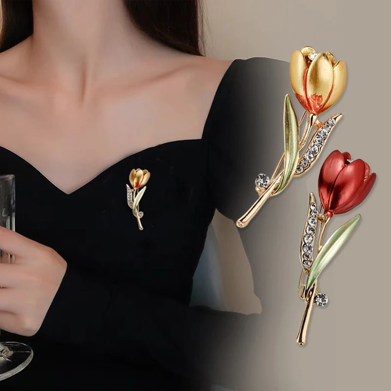 

Rhinestone Tulip Brooch Luxury Brand Red Rose Flower Brooches For Women Bouquet Lapel Pins Wedding Party Badge Jewelry Gift New