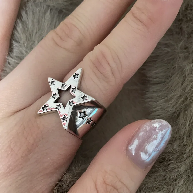 

Y2K 90s Shiny Rhinestone Irregular Star Opening Rings for Women Egirl Vintage Crystal Pentagram Adjustable Ring Lover Jewelry