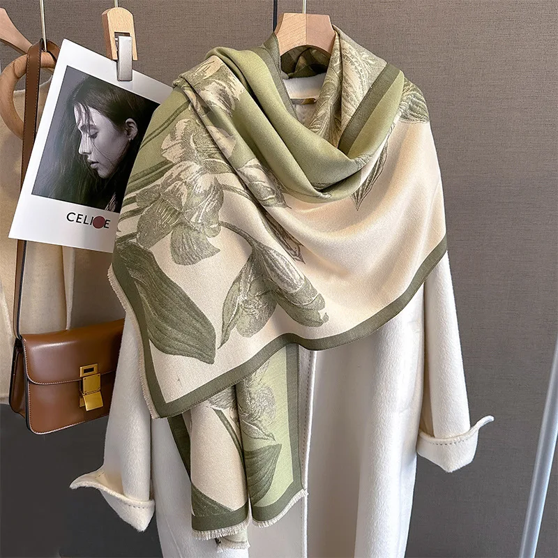 

Роскошный кашемировый шарф для женщин, зимние теплые шали из пашмины с цветочным принтом, пончо, толстое одеяло