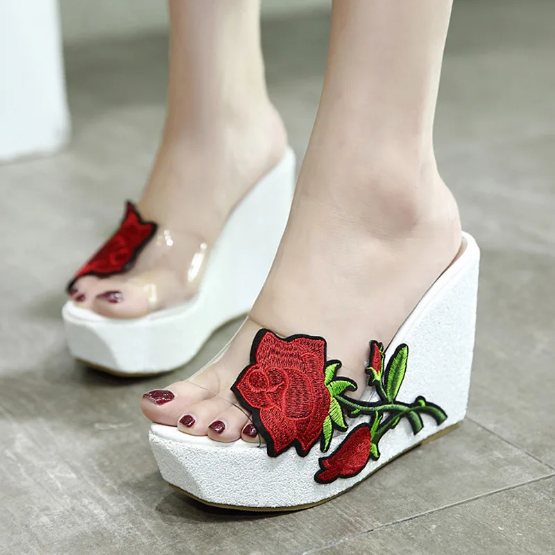Fashion Outside Women Slippers Summer Party Shoes PU Female Sandals Slides Wedges Thick Platform Embroidery 11cm High Heels Sexy