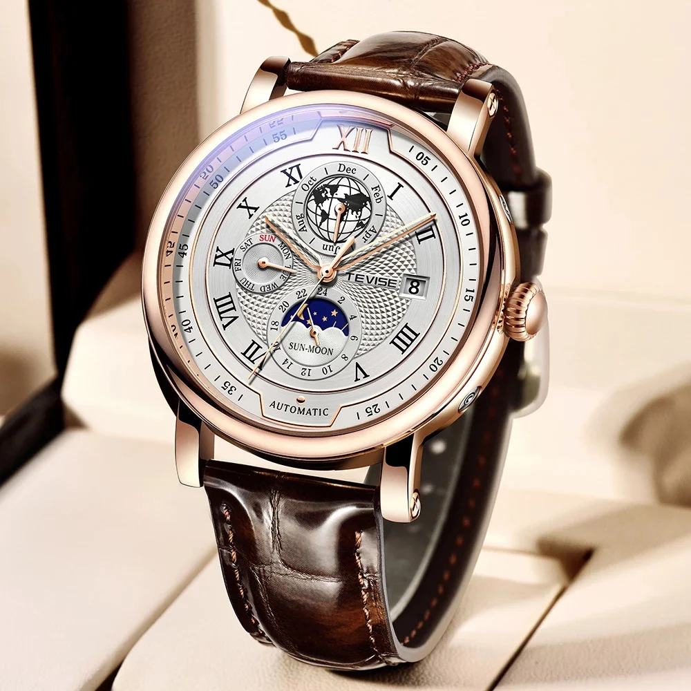 2023 TEVISE Business Waterproof Mens Mechanical Watches Top Brand Luxury Leather Watch For Men 6