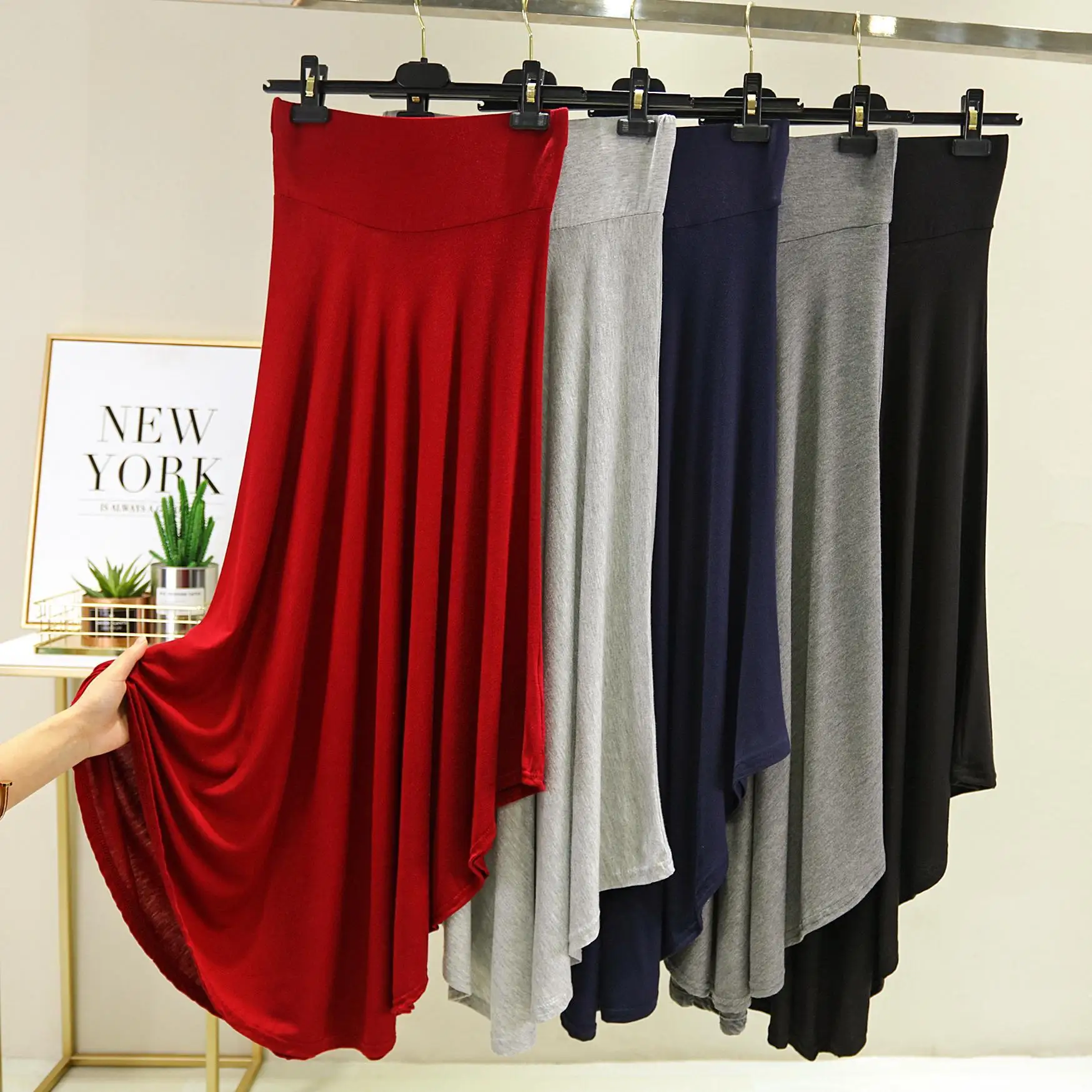 

Good Stretch Modal Solid Color Long Irregular Skirt Women Spring Summer High Waist Large Swing A-line Skirt Loose Korea Clothing