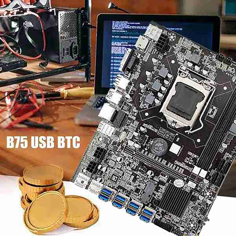 B75 8 Card Mining Motherboard+CPU+USB3.0 19/20Pin Adapter USB3.0 GPU Slot LGA1155 2X DDR3 RAM SATA3.0 For BTC/ETH |
