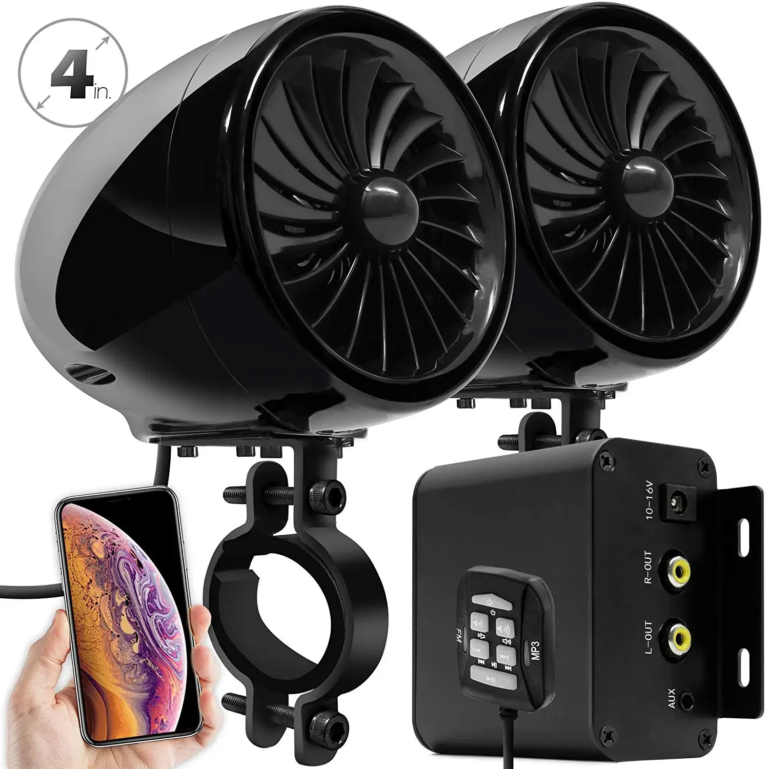 

Аудиосистема для мотоциклов Aileap M150, 150 Вт, стерео, 2 канала, 4 дюйма, водонепроницаемая, Bluetooth, FM-радио, AUX MP3