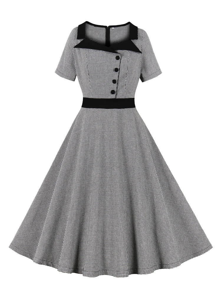 

2023 New Vintage Contrast Collar Gingham Dresses Women Button Front Short Sleeve Retro 50s Rockabilly A Line Plaid Elegant Dress