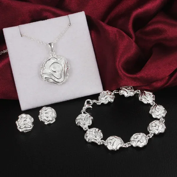 

New Pretty Rose Flower 925 Sterling Silver Jewelry Set Earring Stud Bracelet Necklace for Women Fashion Party Charm Holiday Gift