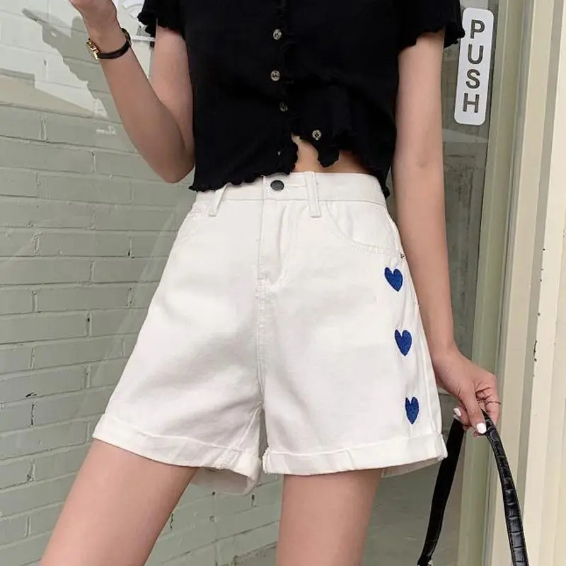 Embroidery Denim Shorts Women Korean Fashion Crimping High Waist Slim Summer Jeans Shorts Girls Sexy Hot Pants Casual Clothing