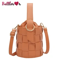 woven drawstring bucket bag for women brand handbag lattice shoulder bag leather crossbody bag luxury designer purse mujer bolsa