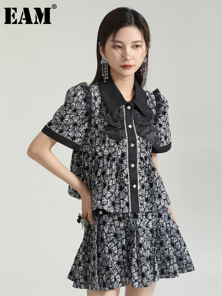 

[EAM] Half-body Skirt Black Printed Two Pieces Suit New Lapel Short Sleeve Women Fashion Tide Spring Summer2023 1DF7195
