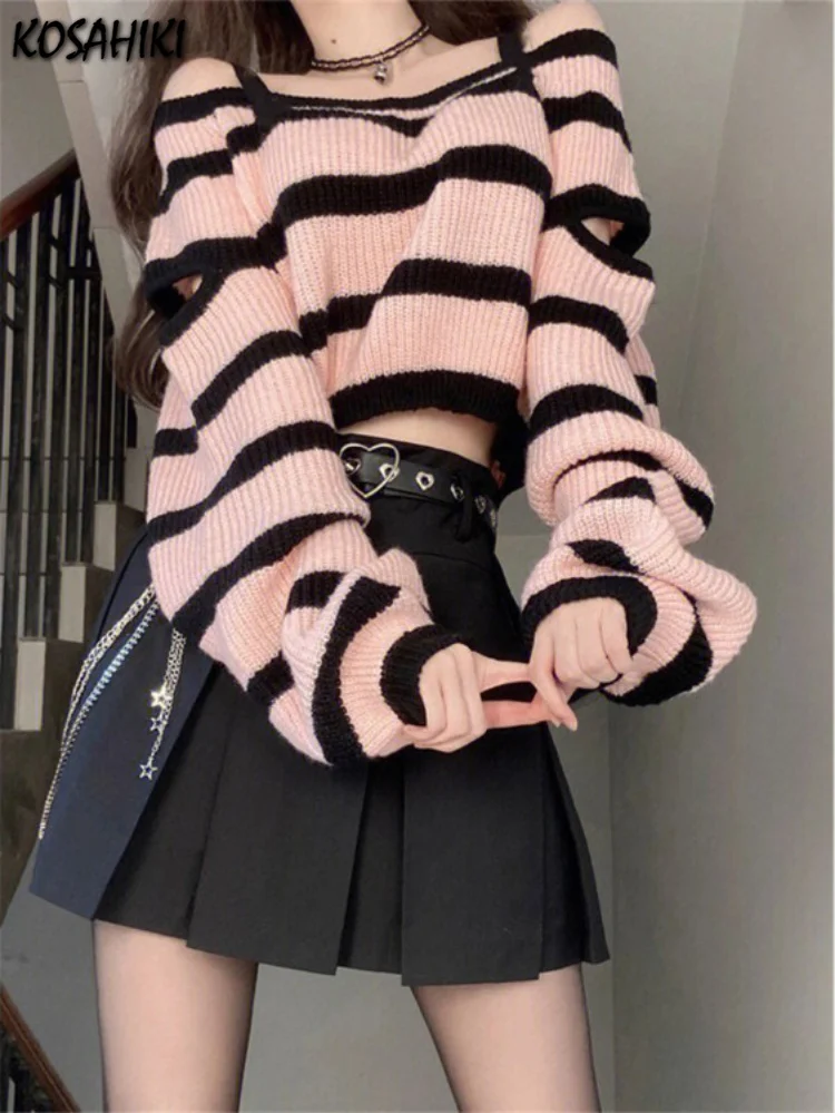 

Y2k Aesthetic Spring Harajuku Women Sweaters Fashion Striped Loose Pull Femme Off Shoulder Casual Grunge Knitted Femme Chandails