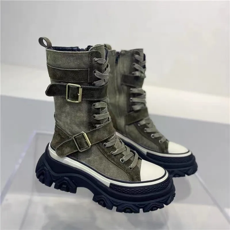 

Winter Boots Women Green Thick Bottom Women Canvas Flats Platform Chelsea Boots Non-Slip Sneaker Women Motorcycle Boots B3-21