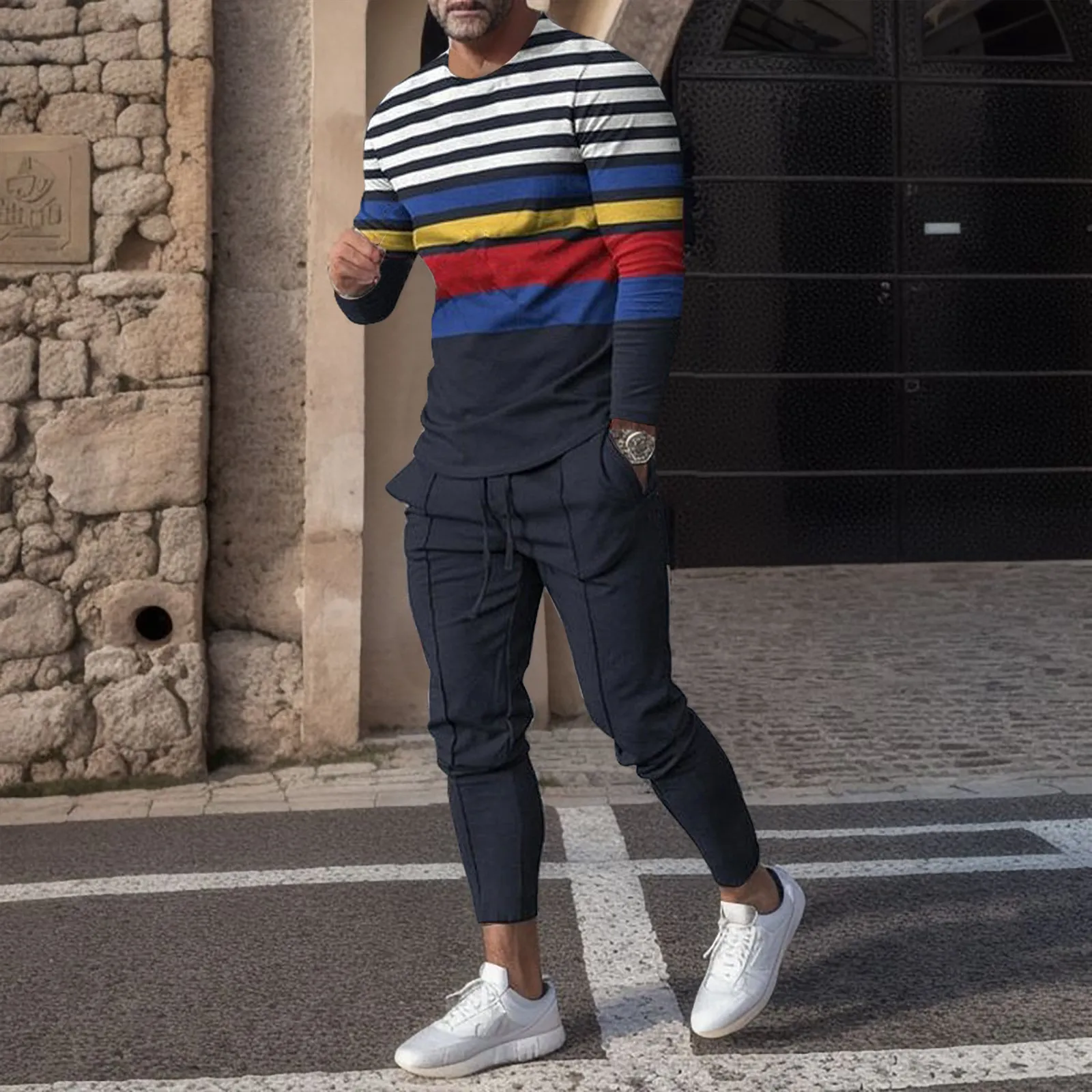 

Спортивный костюм мужской из двух предметов, футболка в полоску с длинным рукавом и штаны для фитнеса, комплект из двух предметов