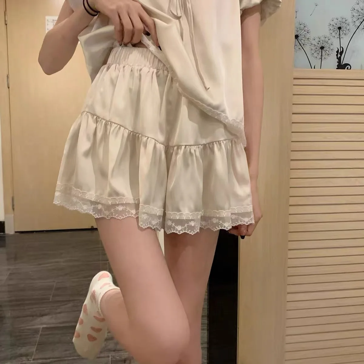 Ice silk pajamas lace trim short-sleeved shorts pajamas palace style woman pijama set womens two piece sets