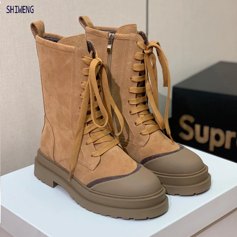 

Leather Lady Ankle Boots Women Lace Up Thick Heel Casual Short Boot For Female Shoes Woman Leather Warm Boots 42