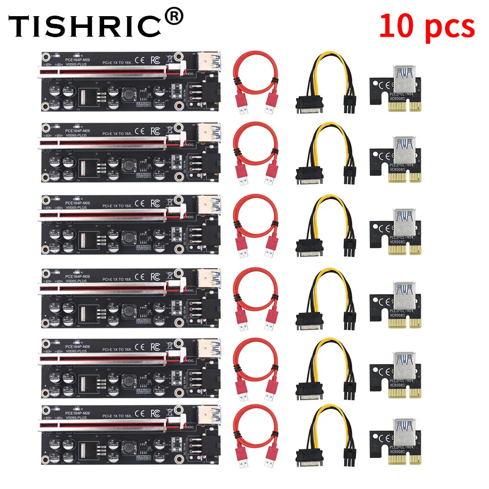 10PCS TISHRIC VER009S Riser 009S Plus GPU PCIE Riser 6Pin PCI Express x16 USB3.0 Video Card Riser Adapter For BTC Miner Mining