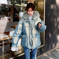 2021 new women clothing cotton coat hooded big fur collar warm outwear glossy loose thick padded jacket ladies winter coat parka