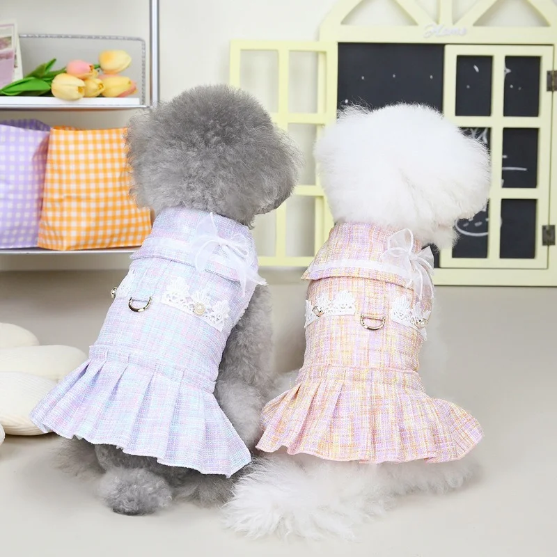 

Sweet Fleece Dog Clothes Plaid Cotton Dress Pet Clothing Dogs Costume French Bulldog Print Cute Autumn Winter Pink Girl Mascotas