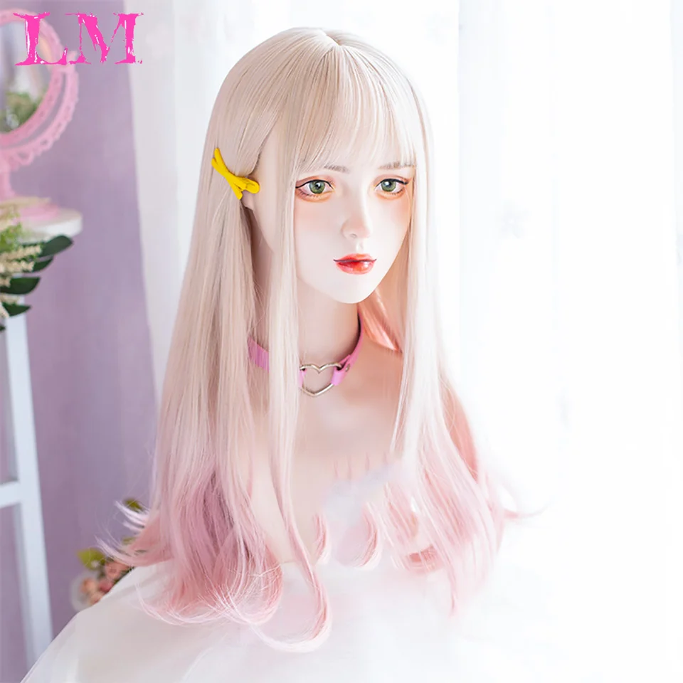 

Синтетический парик LM с длинными прямыми волосами, для девочек, розовые, белые, градиентные челки, косплей, "Лолита", вечерние, термостойкие парики