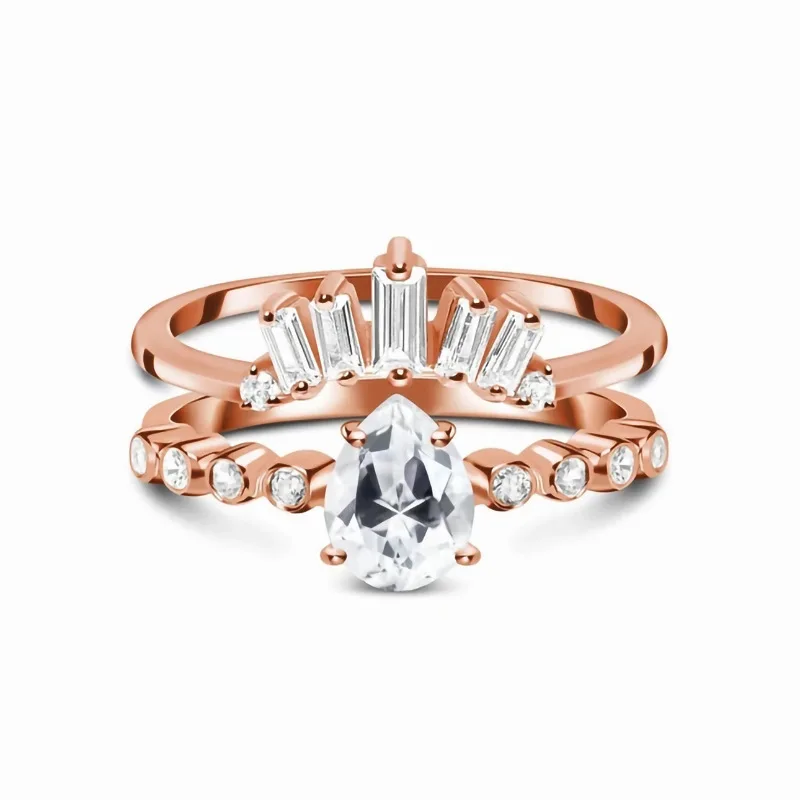 Europe and the United States S925 rose gold water drop old white gemstone micro zircon double ring small exquisite jewelry