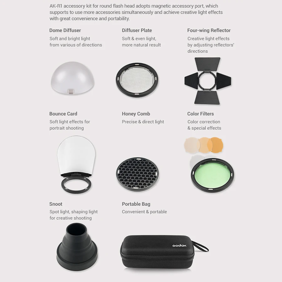 Godox AK-R1 Barn Door Snoot Color Filter Reflector Honeycomb Diffuser Ball Kits for AD200 H200R V1 Round Flash Head |