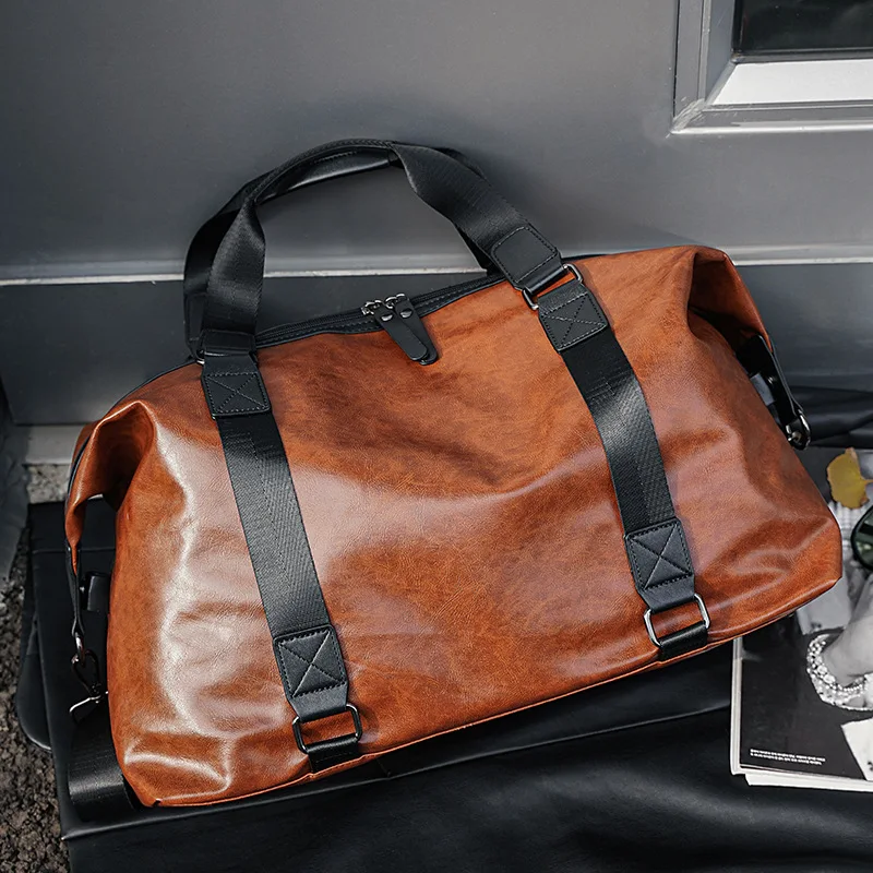 Retro High Capacity Men's Portable Travel Bag Luxury PU Leather Luggage HandBag Male Gym Bag Casual Shoulder Duffle Bag