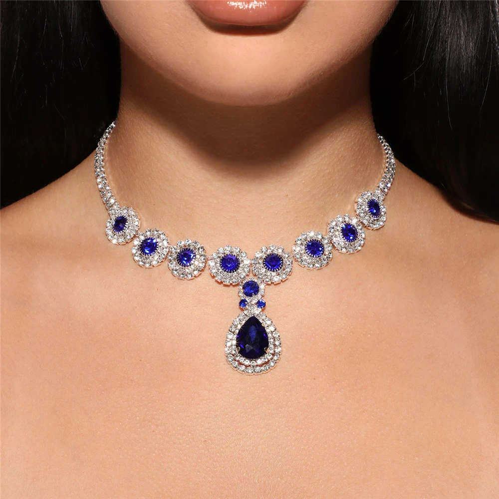 

INS Fashion Blue Water Drop Pendant Necklace Ladies Party Ball Sparkling Rhinestone Necklace Bridal Wedding Jewelry Accessories
